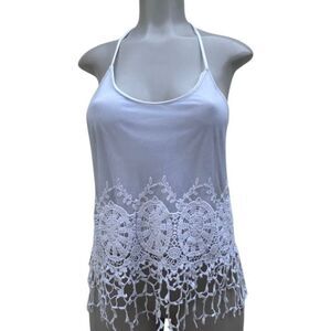You Are Not Alone Cami Tank Top Women's Medium White Halter Embroidered Crochet